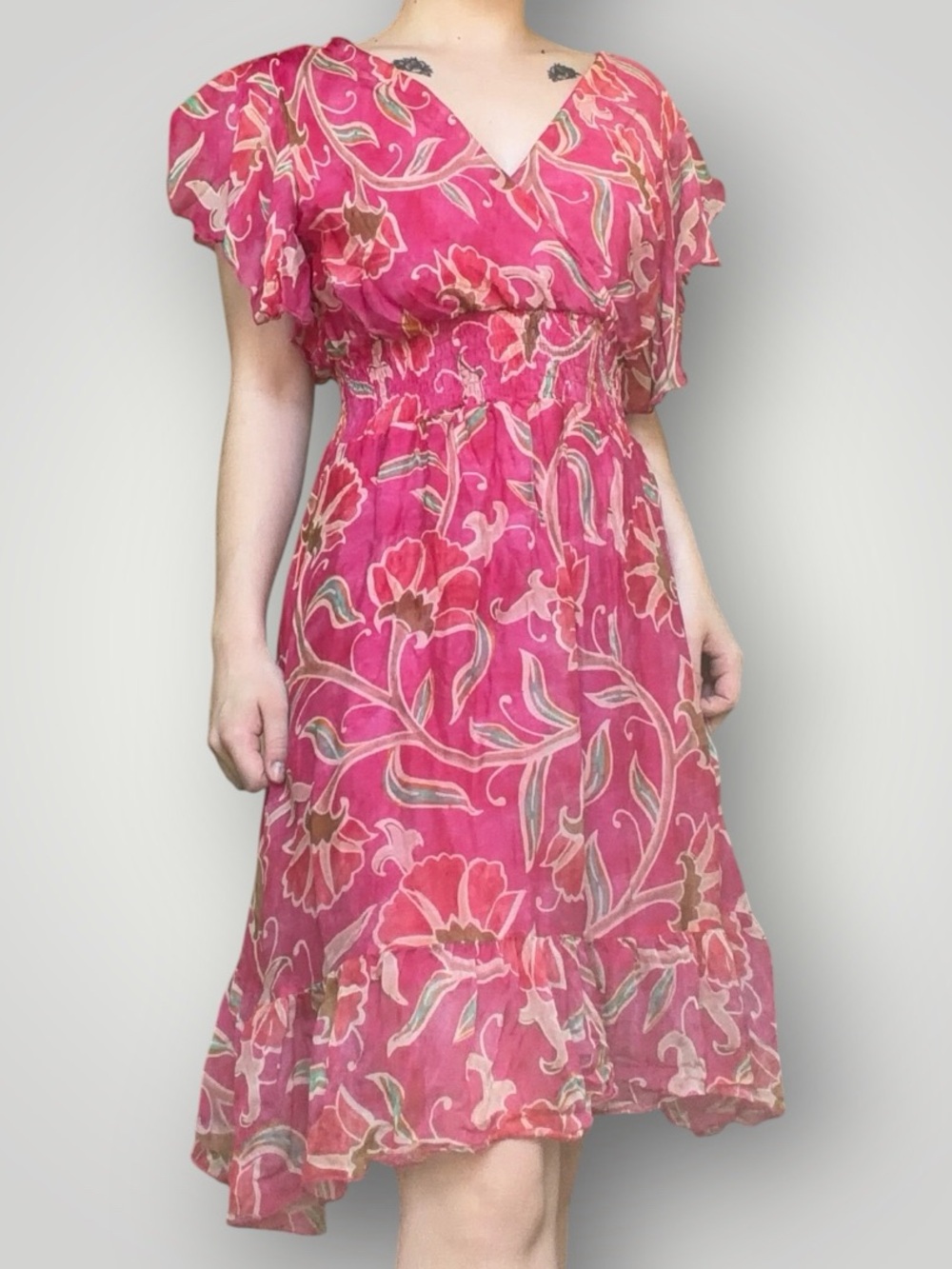 Pink Floral V-Neck Midi Dress with Flutter Sleeves - Le Ragazze